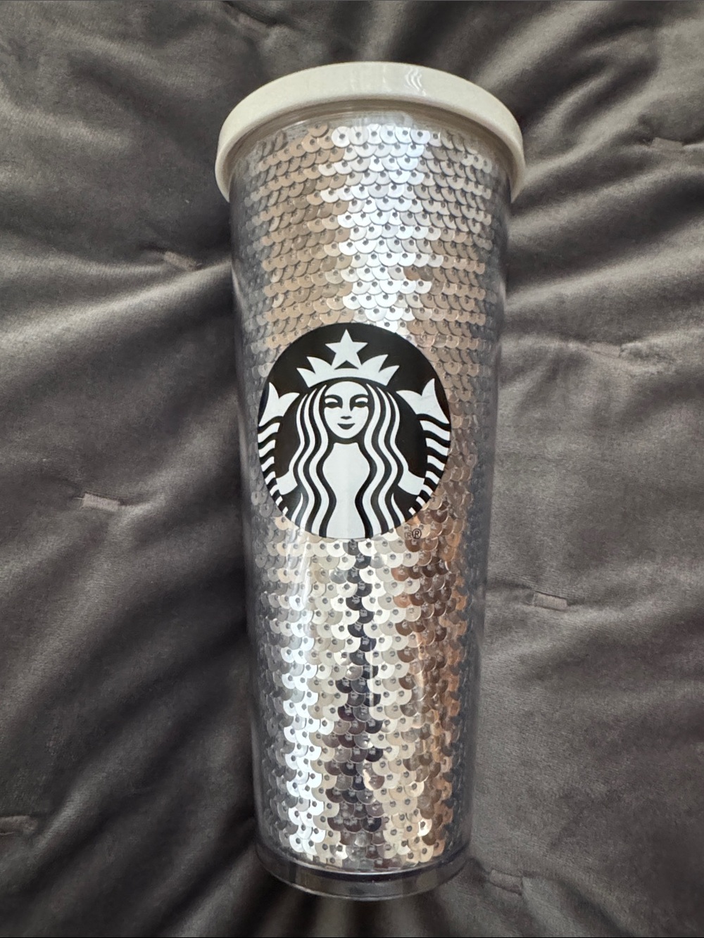 Starbucks Silver Sequin Tumbler with White Lid and Black Logo